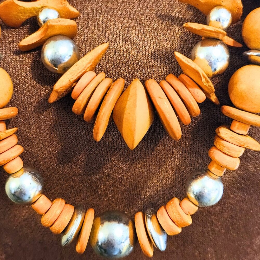 Boho Statement Necklace | Double Strand Orange Wood & Silver Beads | 27" Length - Picture 2 of 4